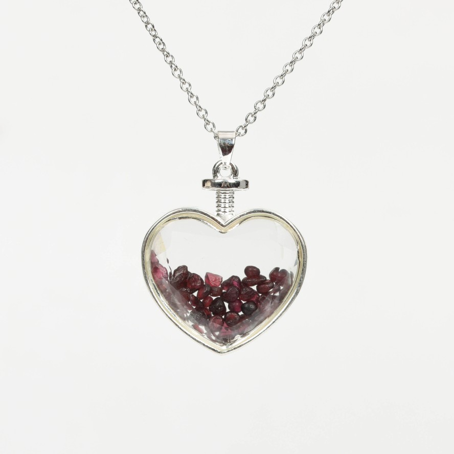 Crystal Chips In Heart Glass Pendant Necklace